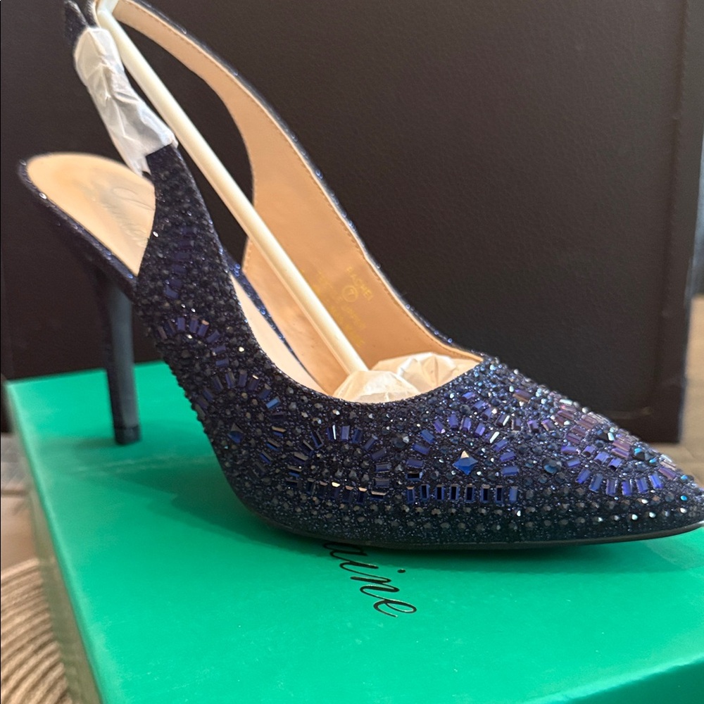 Lauren Lorraine Navy Beaded Pointed-Toe Slingback Heels